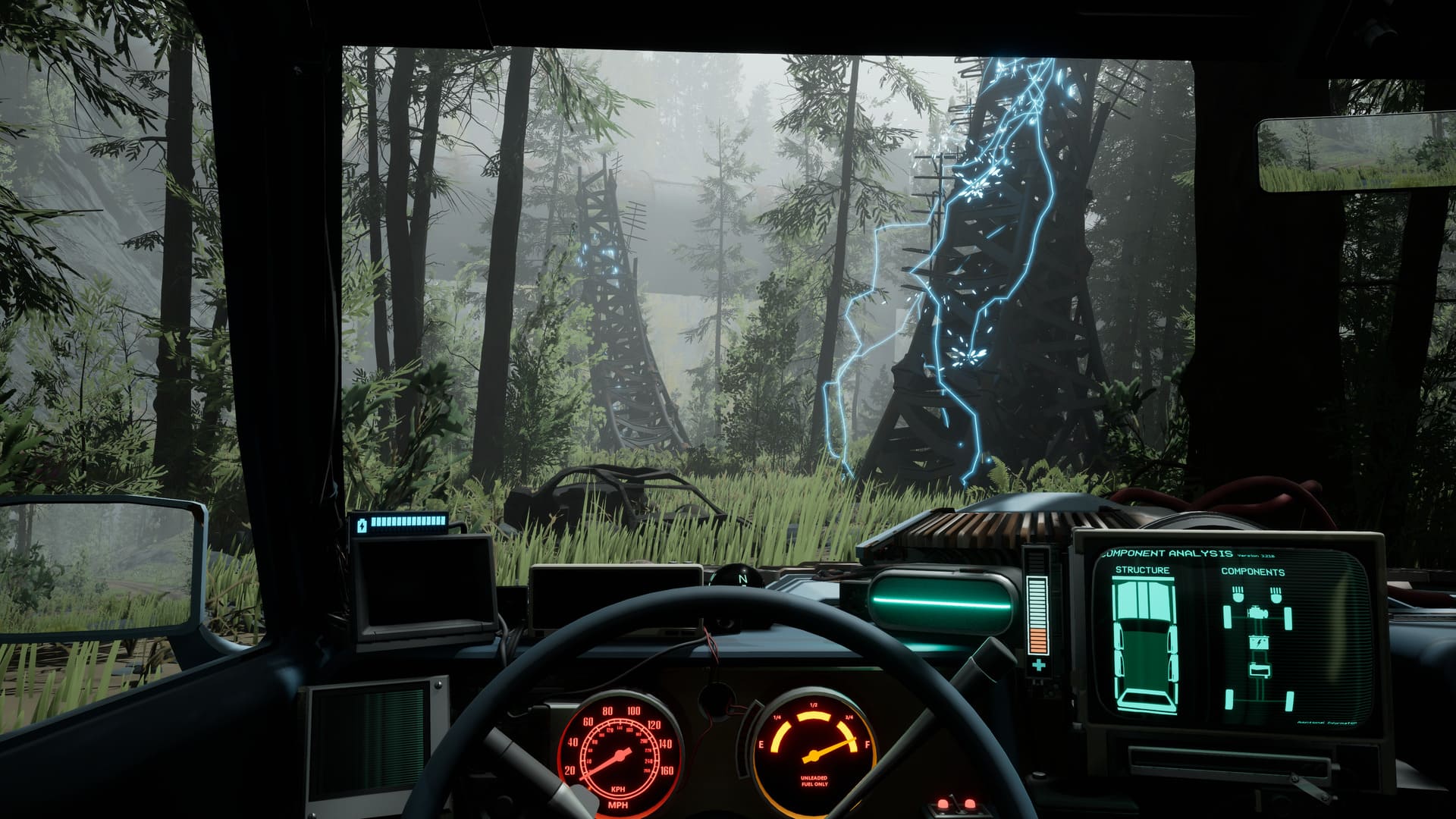 The player's view from the car in Pacific Drive, showcasing the steering wheel, car dashboard, and the Pacific Northwest forest beyond the windshield.