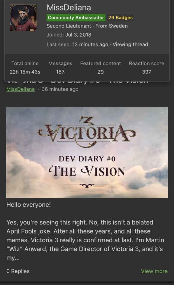 The now-deleted forum post announcing Victoria 3, spotted on Reddit