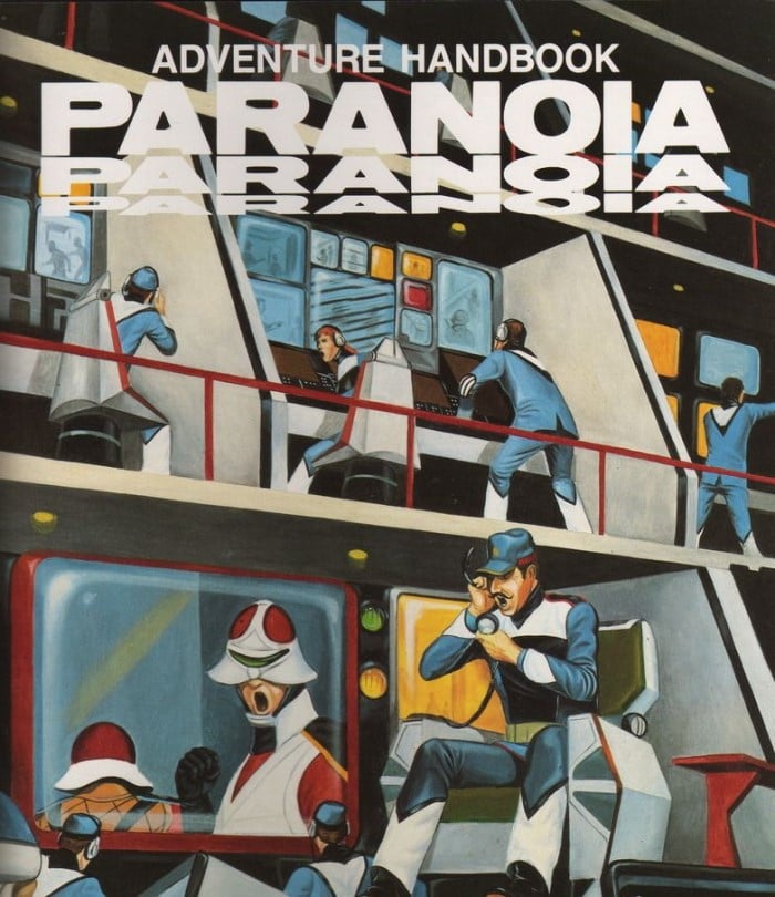 A cover depicting officers sitting in front of monitors, barking orders to at each other from the RPG Paranoia