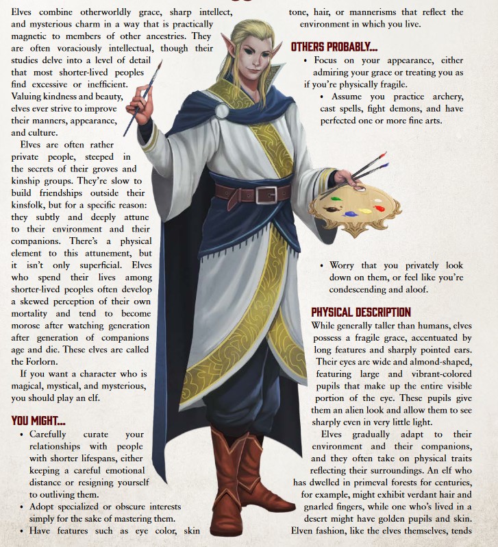A screenshot of an elf with flavor text from the Pathfinder Second Edition Core Rulebook