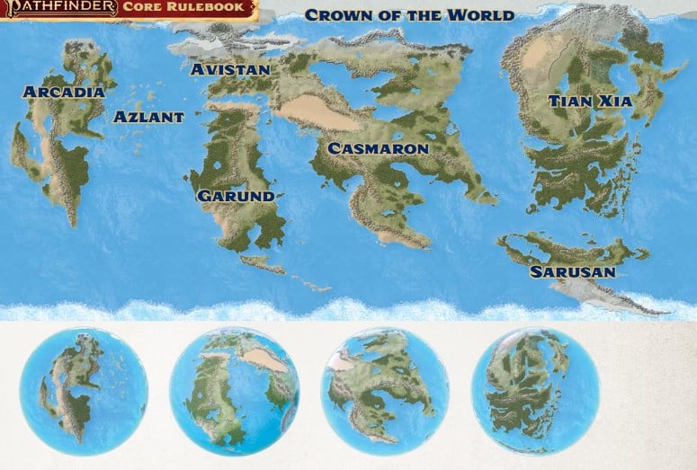 An illustration of the world map from the Pathfinder Second Edition Core Rulebook