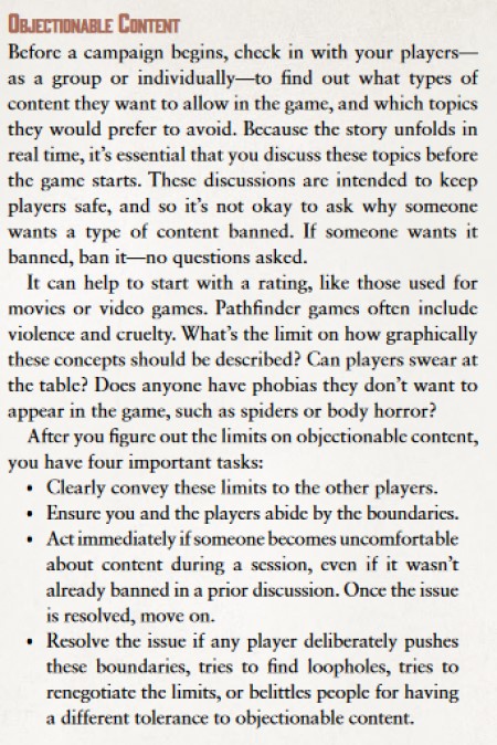 An excerpt from the Pathfinder 2e Core Rulebook regarding objectionable content