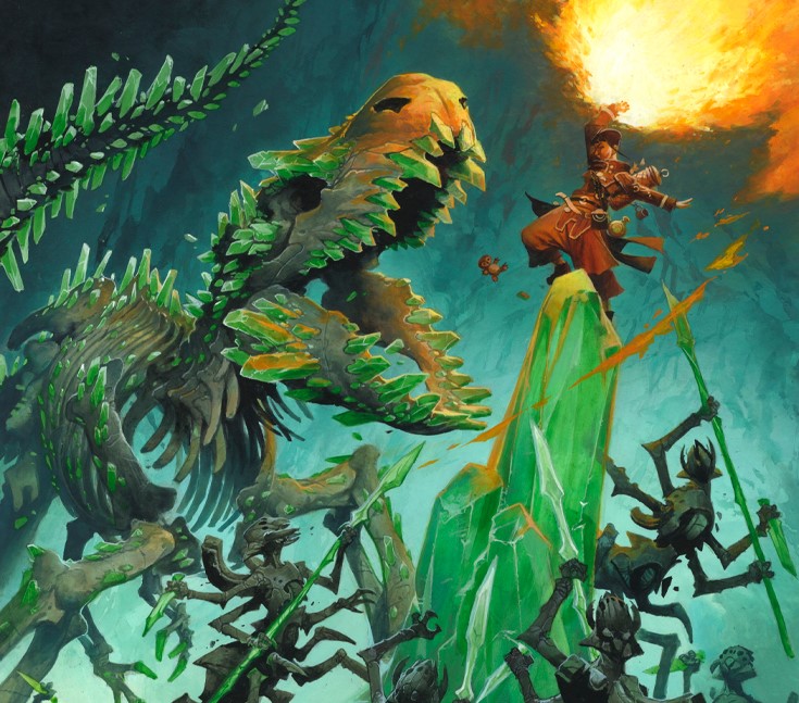 Pathfinder Rage of Elements'tan, iskelet dinozora ve mızraklı böcek benzeri birkaç yaratığa karşı savaşan bir sihirbazı içeren sanat eseri