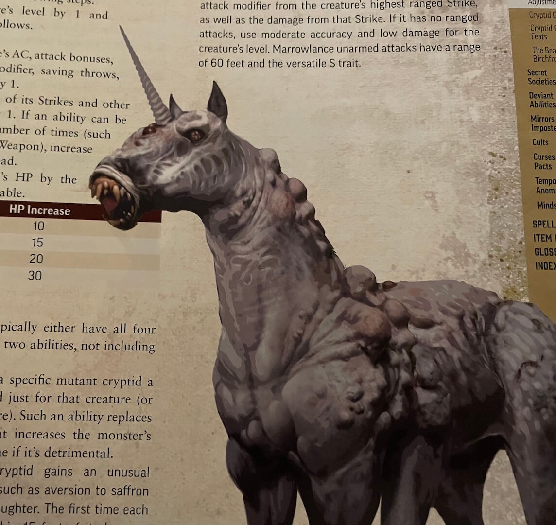 An image from Pathfinder Dark Archive depicting a mutant unicorn