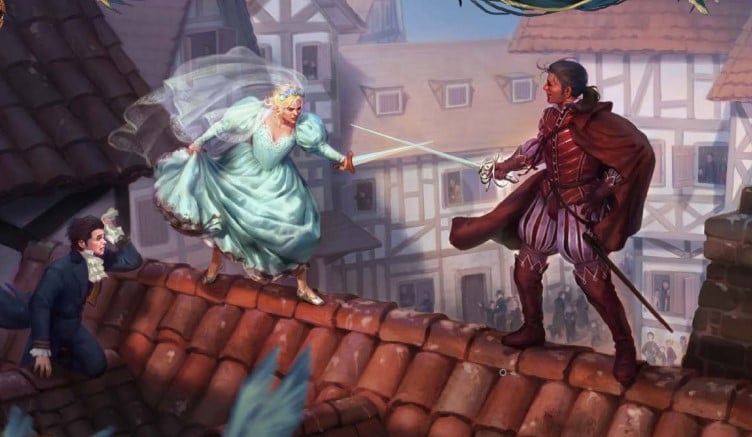 A sword fight between two people dressed in royal clothing on a rooftop from Pathfinder Lost Omens Firebrands