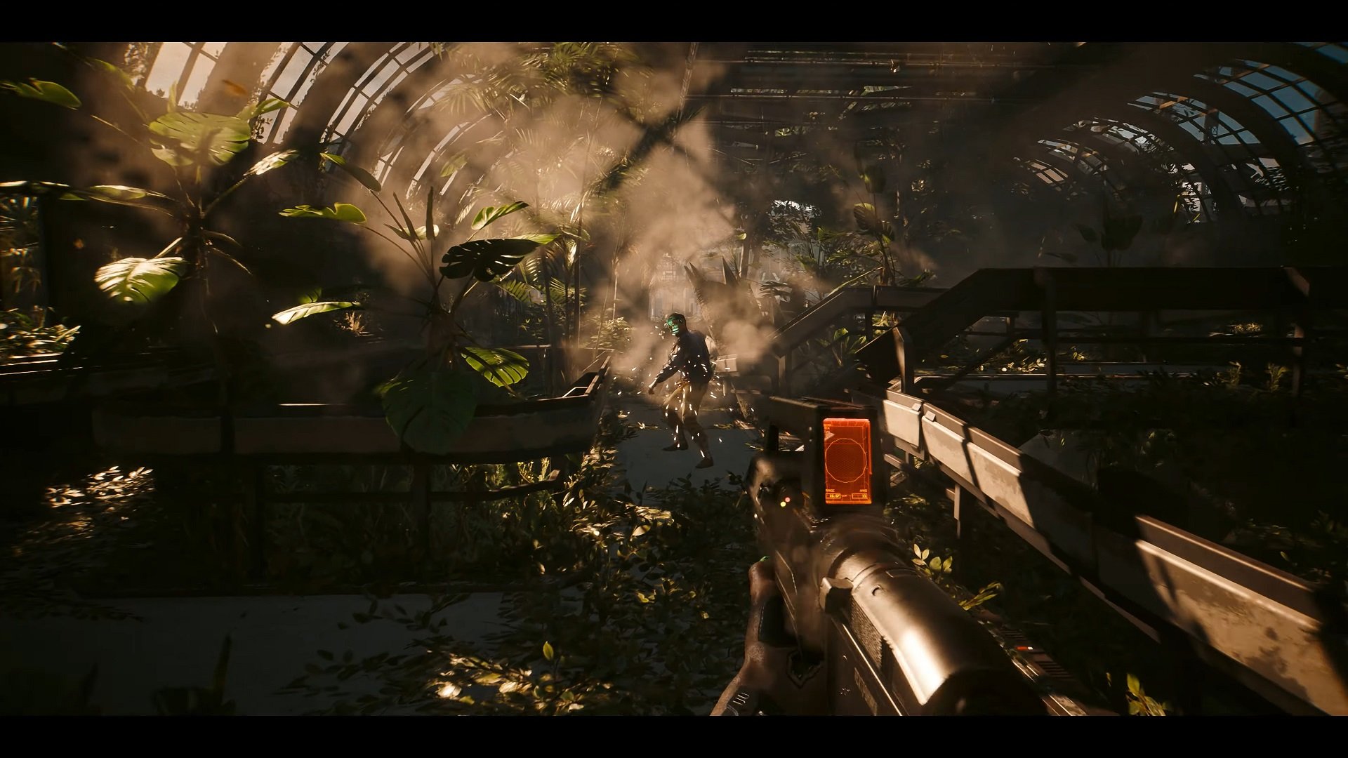 A screenshot of a player shooting an enemy in a pretty environment in the first Cyberpunk 2077 expansion.