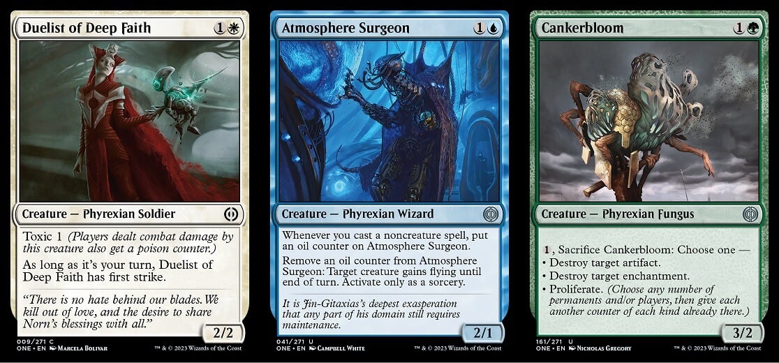 Phyrexia: All Will Be One Cards Duelist of the Deep Faith, Atmosphere Surgeon and Cankerbloom