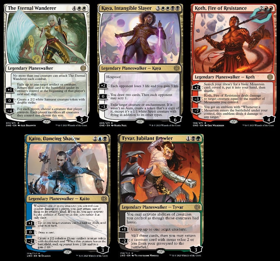Phyrexia: All Will be One Rare Planeswalkers The Eternal Wanderer, Kaya, Intangible Slayer, Koth, Fire of Resistance, Kaito, Dancing Shadow, and Tyvar Jubilant Brawler