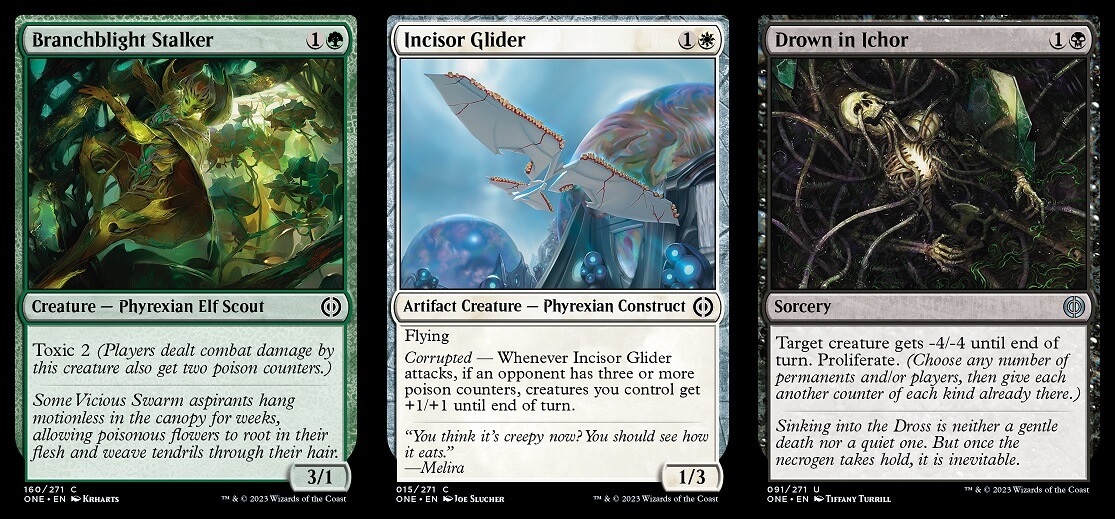 Phyrexia: All Will Be One Cards Branchblight Stalker, Incisor Glider, and Drown in Ichor