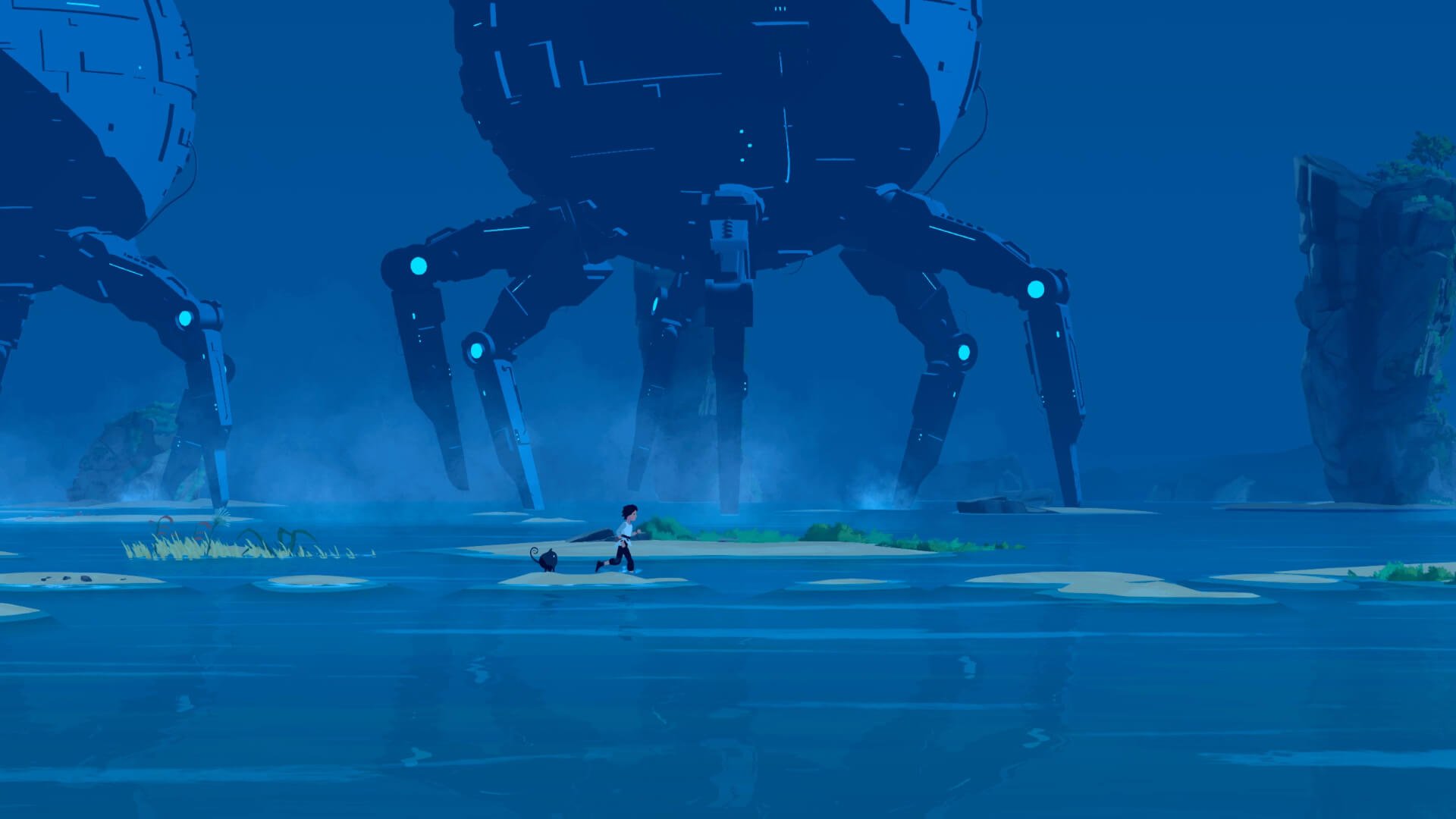 Lana running through the legs of giant robots in Planet of Lana
