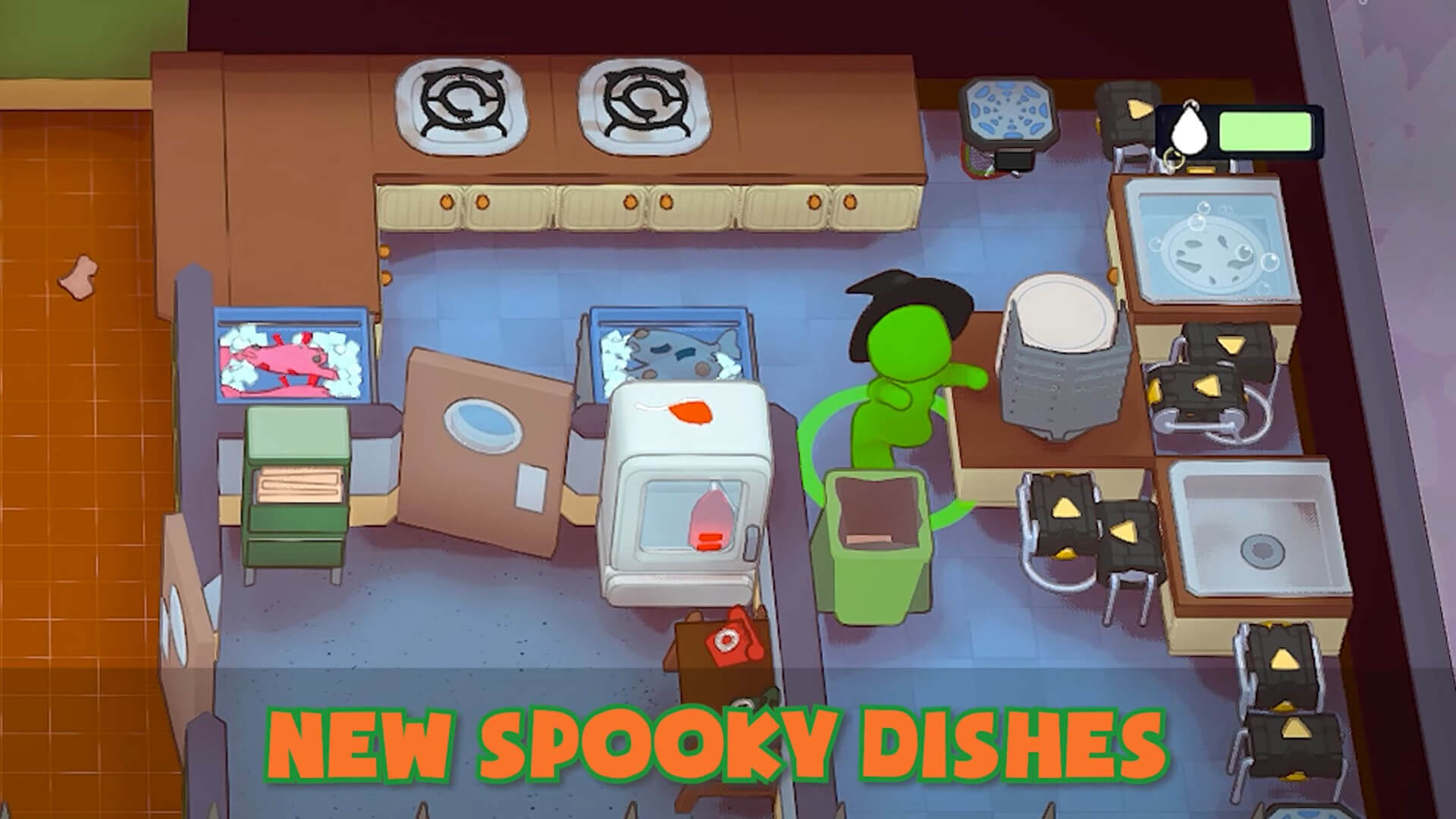 The player running around and cooking some spooky new dishes in the PlateUp! Halloween update