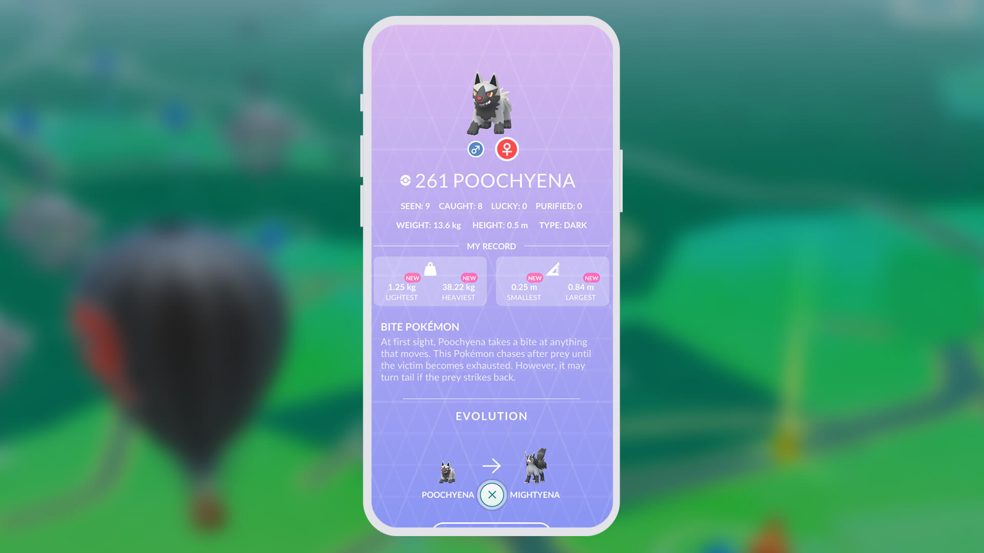 A Pokedex displaying Poochyena records in Pokemon Go
