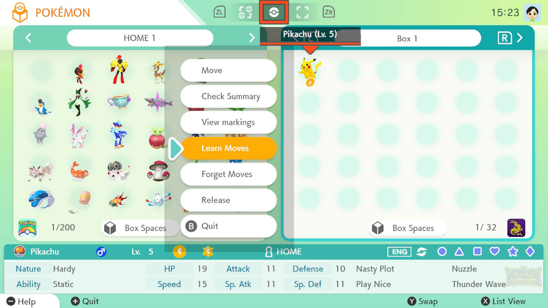A menu showing a player's lineup in Pokemon Scarlet and Violet, which will soon be compatible with Pokemon Home