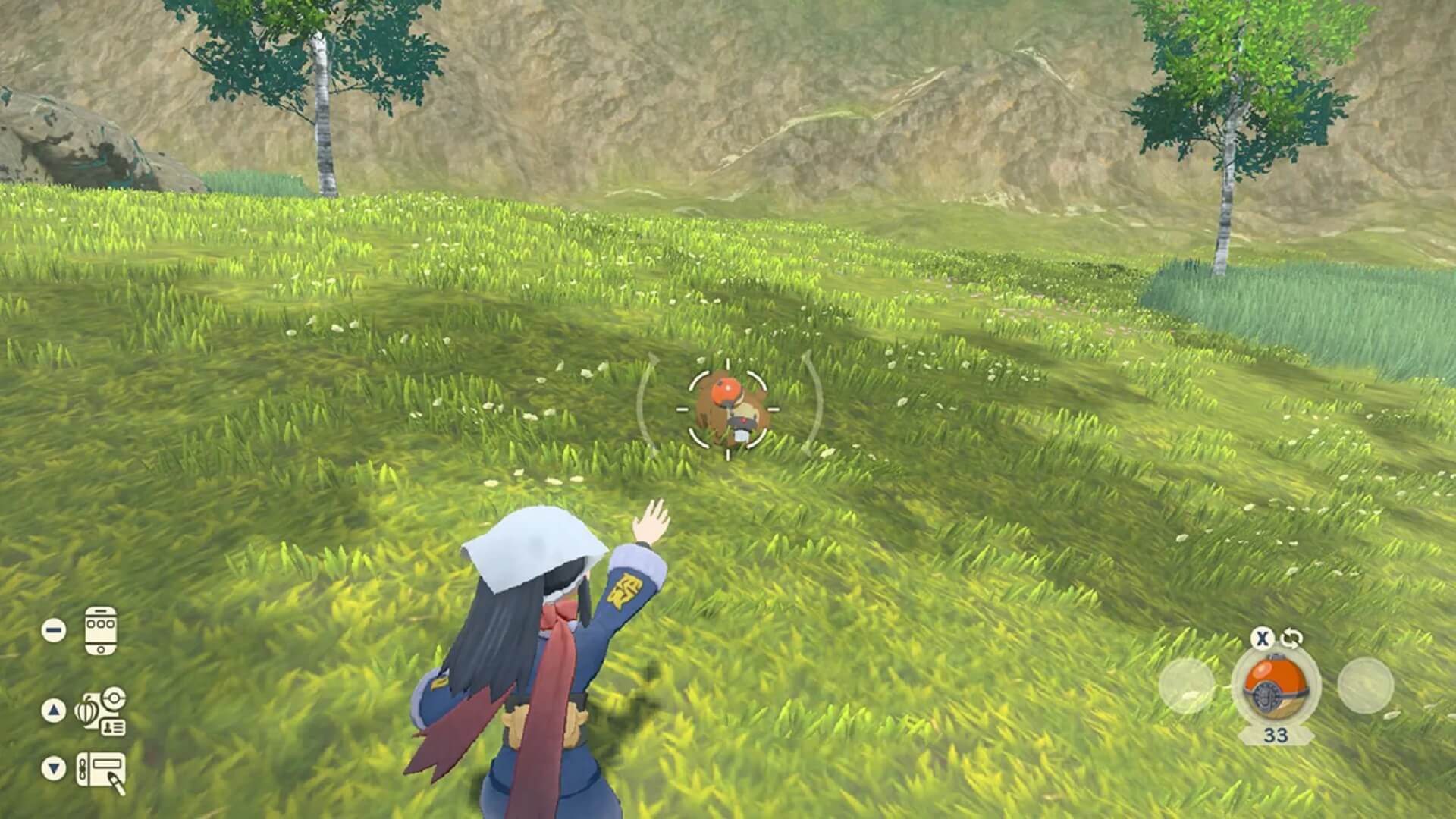 The player catching a Bidoof in Pokemon Legends: Arceus