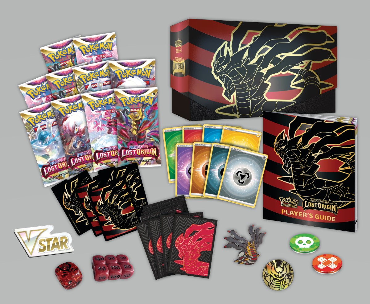 Promotional artwork of cards and products for Pokemon Lost Origins