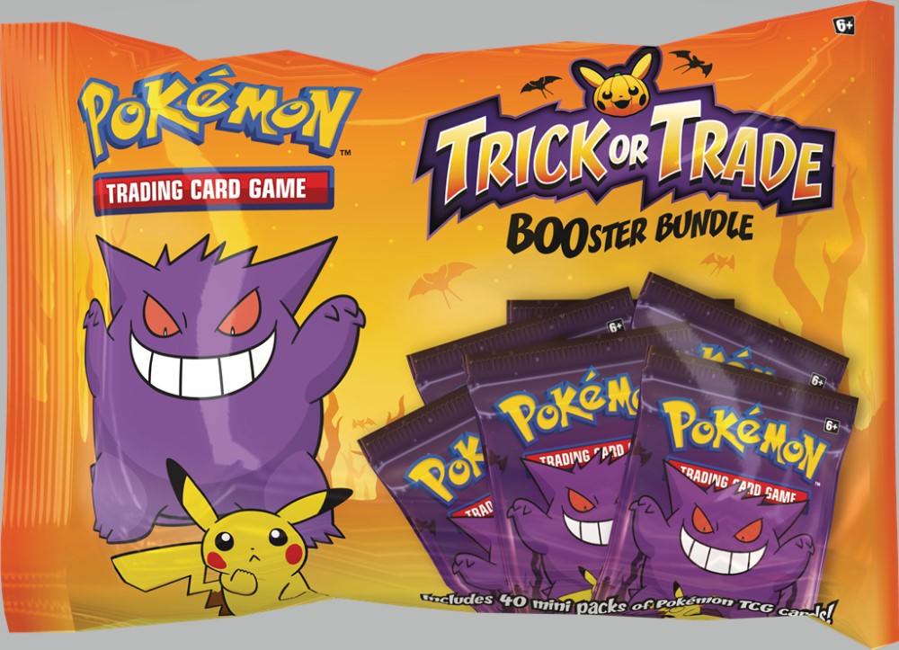 An orange packet of Pokemon cards with Pikachu and Gengar on the front