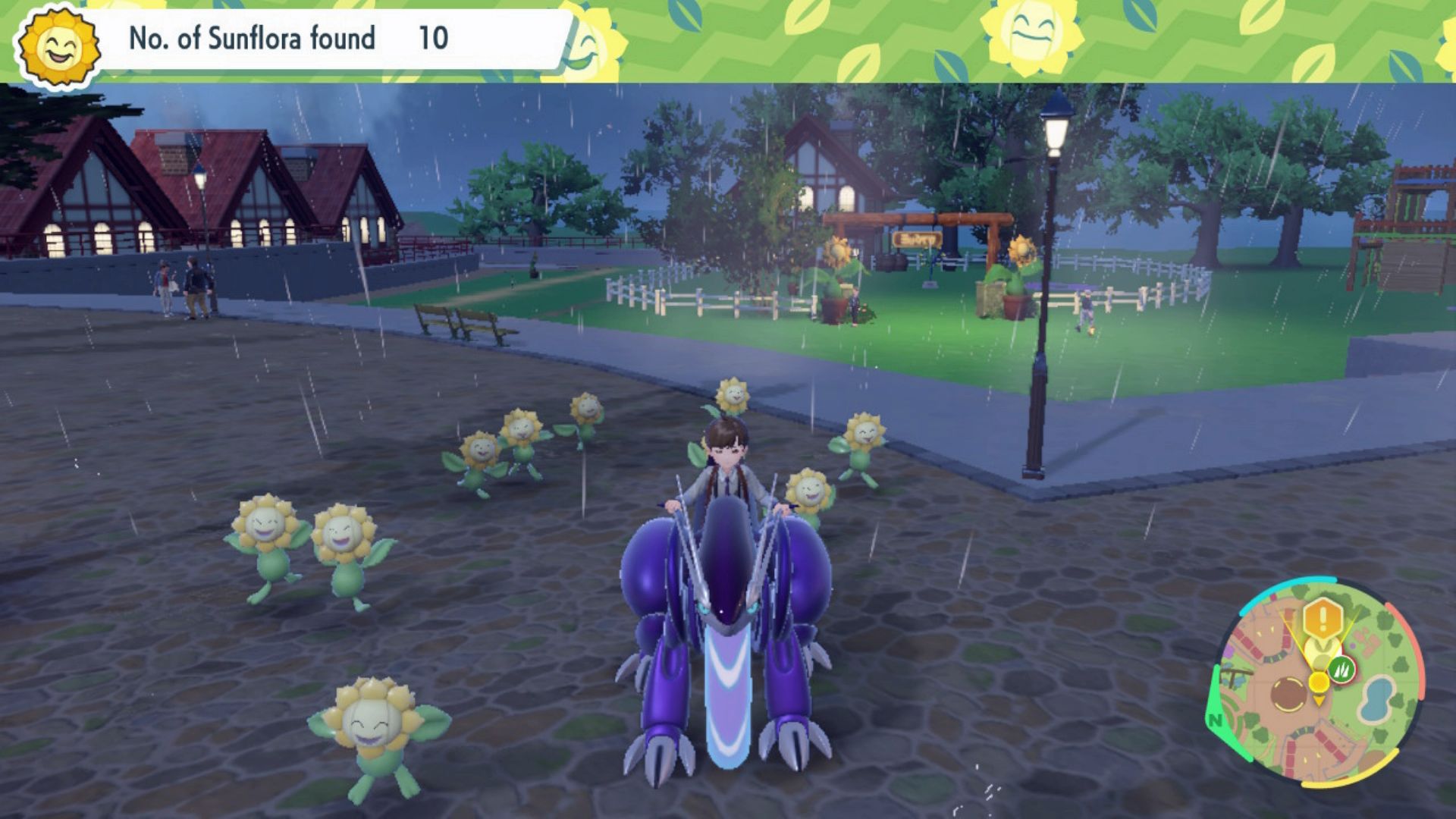 The Pokemon Violet Protagonist being followed by a group of Sunflora