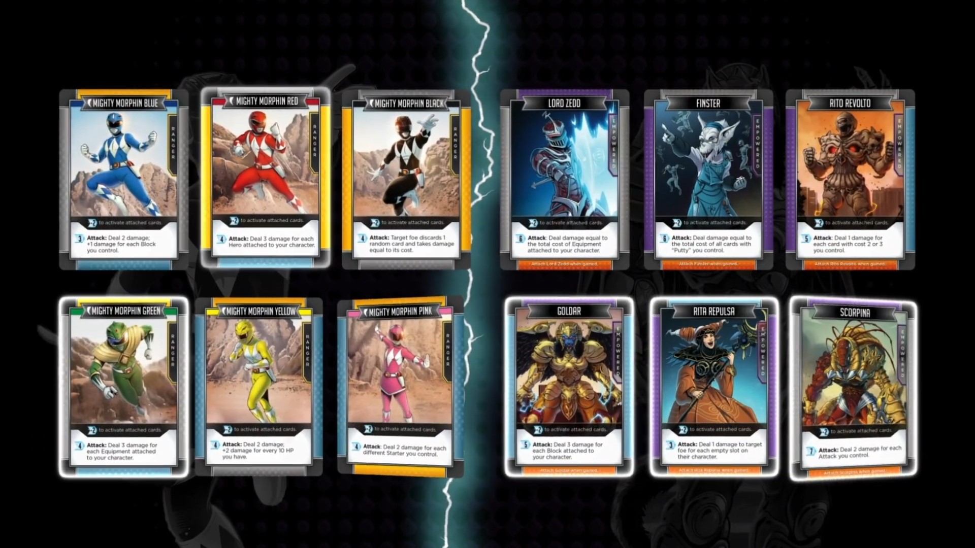A screen showing multiple ranger and villain cards