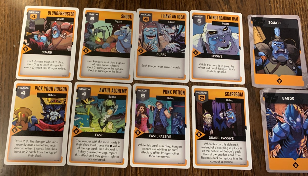 A number of combat cards from Squatt and Baboo's Monster Deck