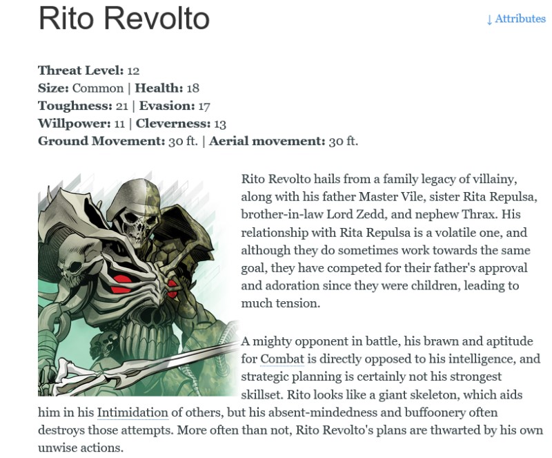 The statblock for Rito Revolto from Power Rangers: The Roleplaying Game
