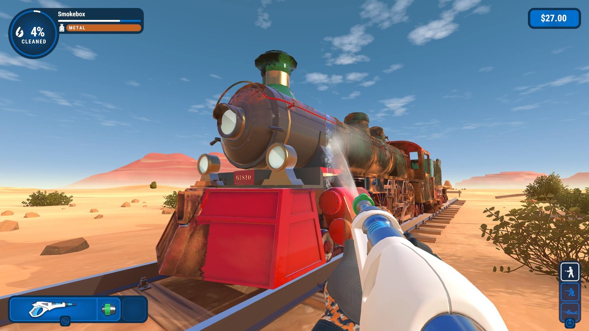 A gameplay screenshot of PowerWash Simulator, showcasing the player cleaning the front of a red steam train.