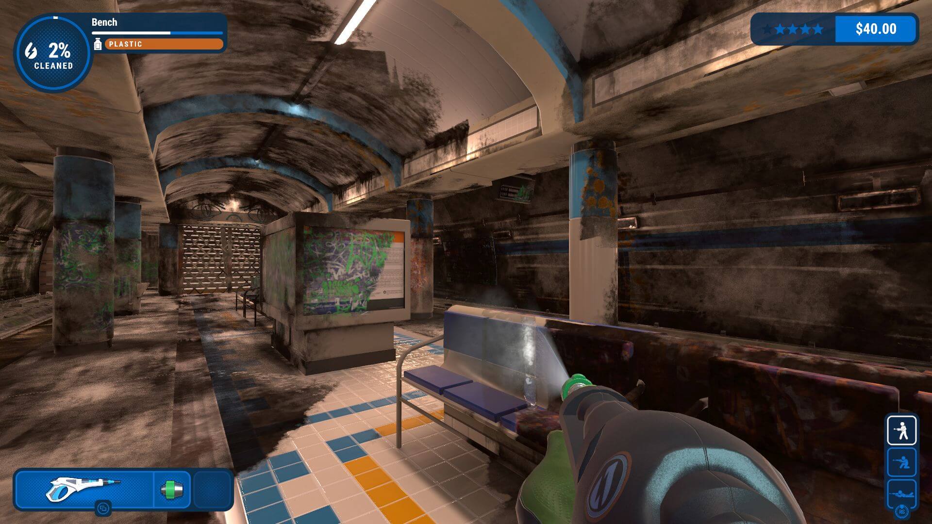 A gameplay screenshot of PowerWash Simulator, showcasing the player beginning to wash a subway platform.