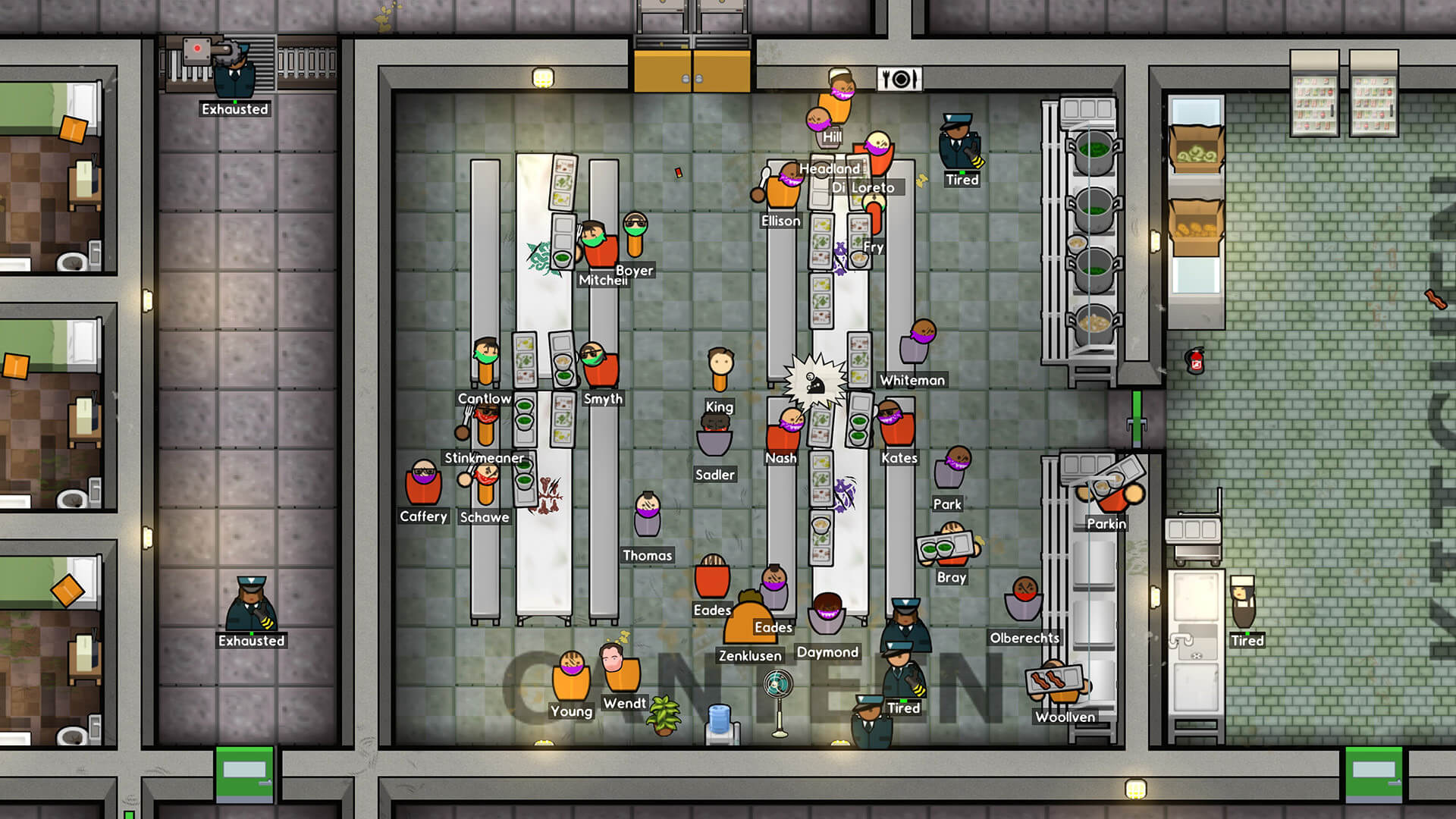 A full-on gang fight in the Prison Architect DLC Gangs