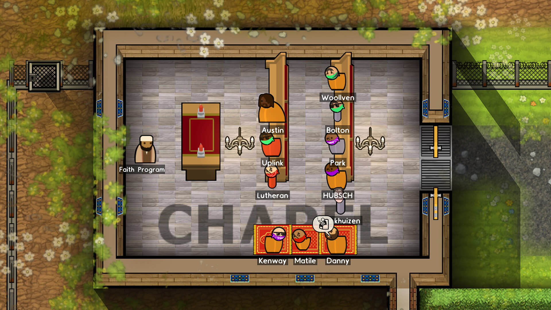 Some gang members in the faith program in Prison Architect
