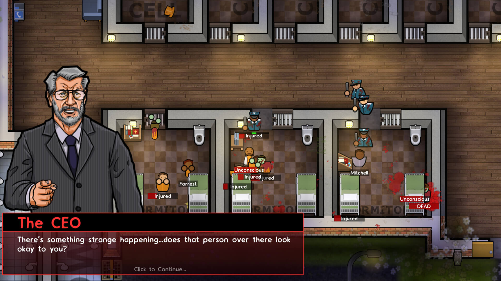 Prison Architect DLC screenshot shows off a concerned CEO asking about a prisoner that now wants to eat brains. 