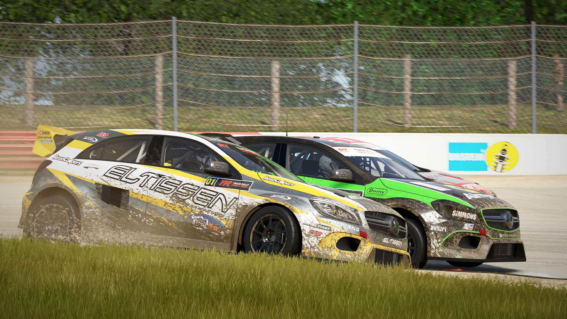 Two cars covered in mud and jostling for position in Project Cars 2