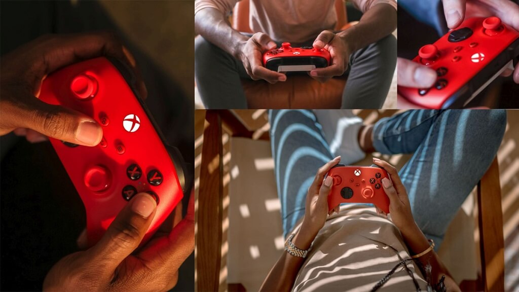 A series of shots of the new Pulse Red Xbox controller in situ