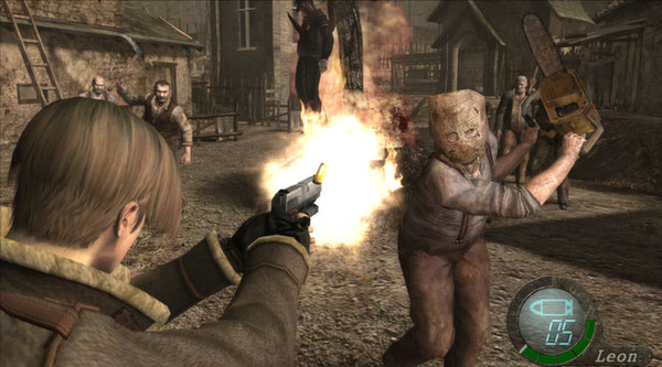 Leon firing a shotgun at Chainsaw enemy in Resident Evil 4