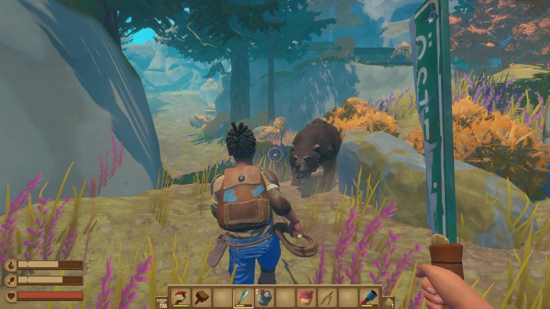 Players facing off against a bear in Raft