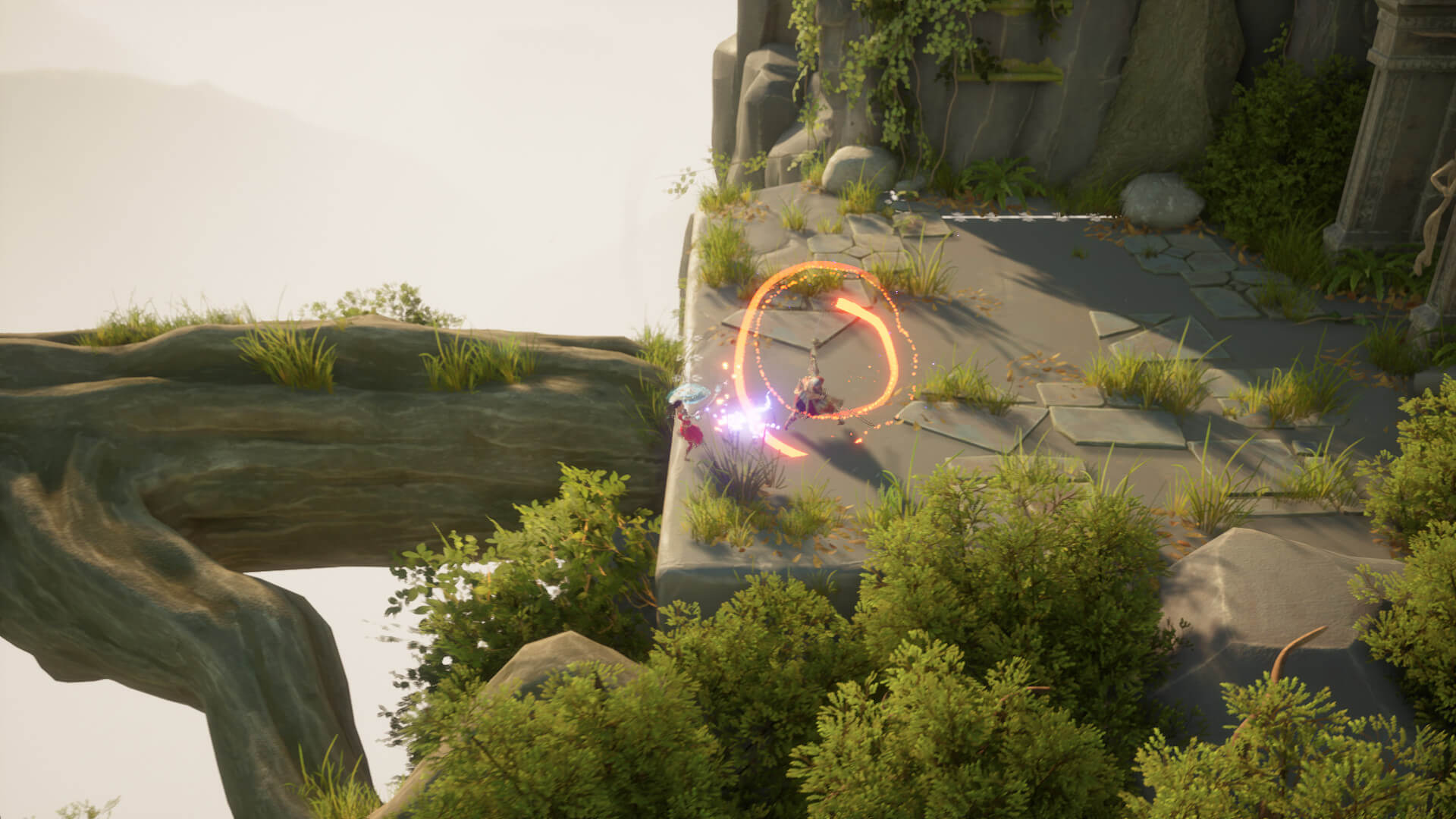 A combat sequence between the main character and an enemy atop a grassy ruin in Raji: An Ancient Epic, which removed its Denuvo DRM due to performance issues