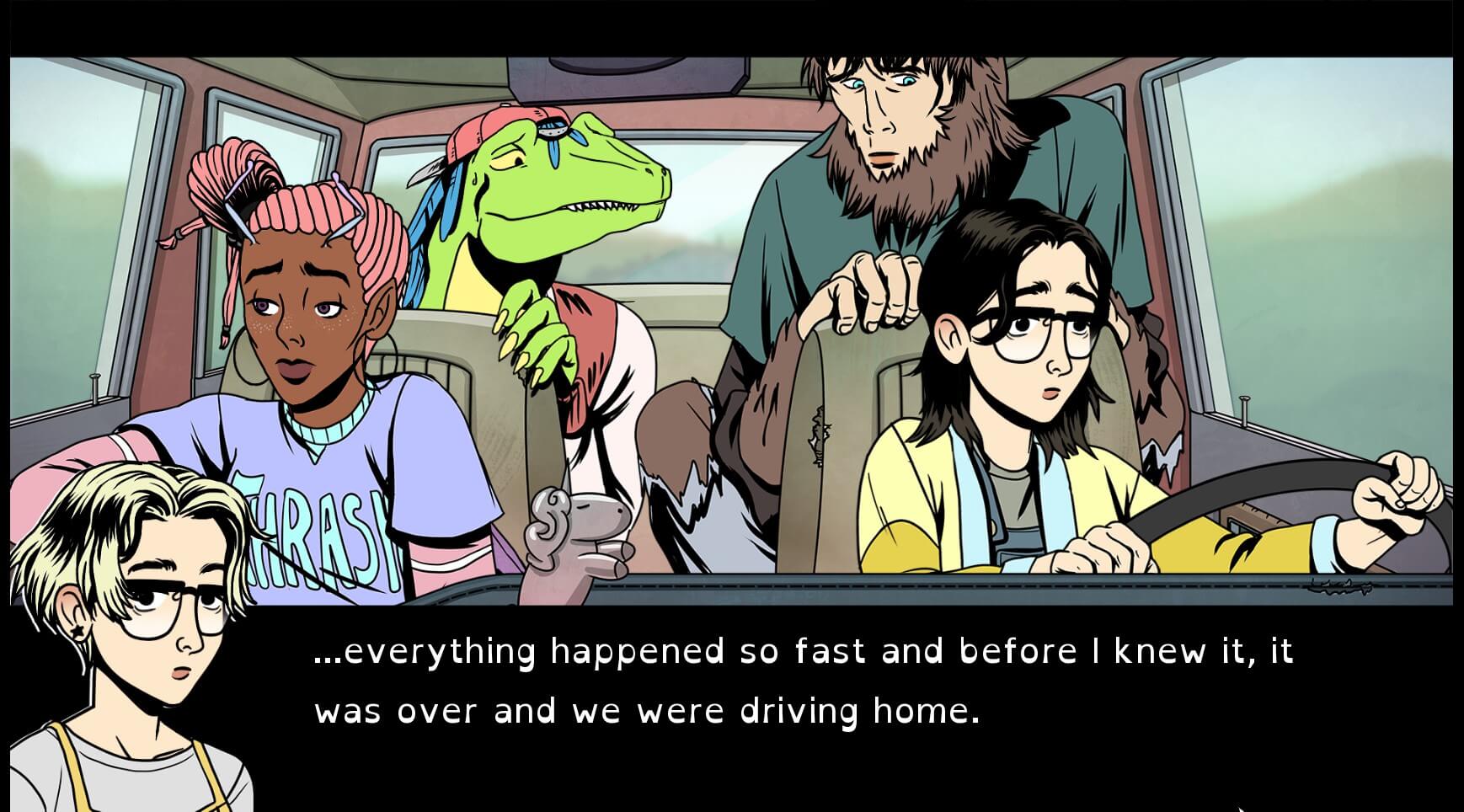 A screenshot from Raptor Boyfriend showing the main cast in car