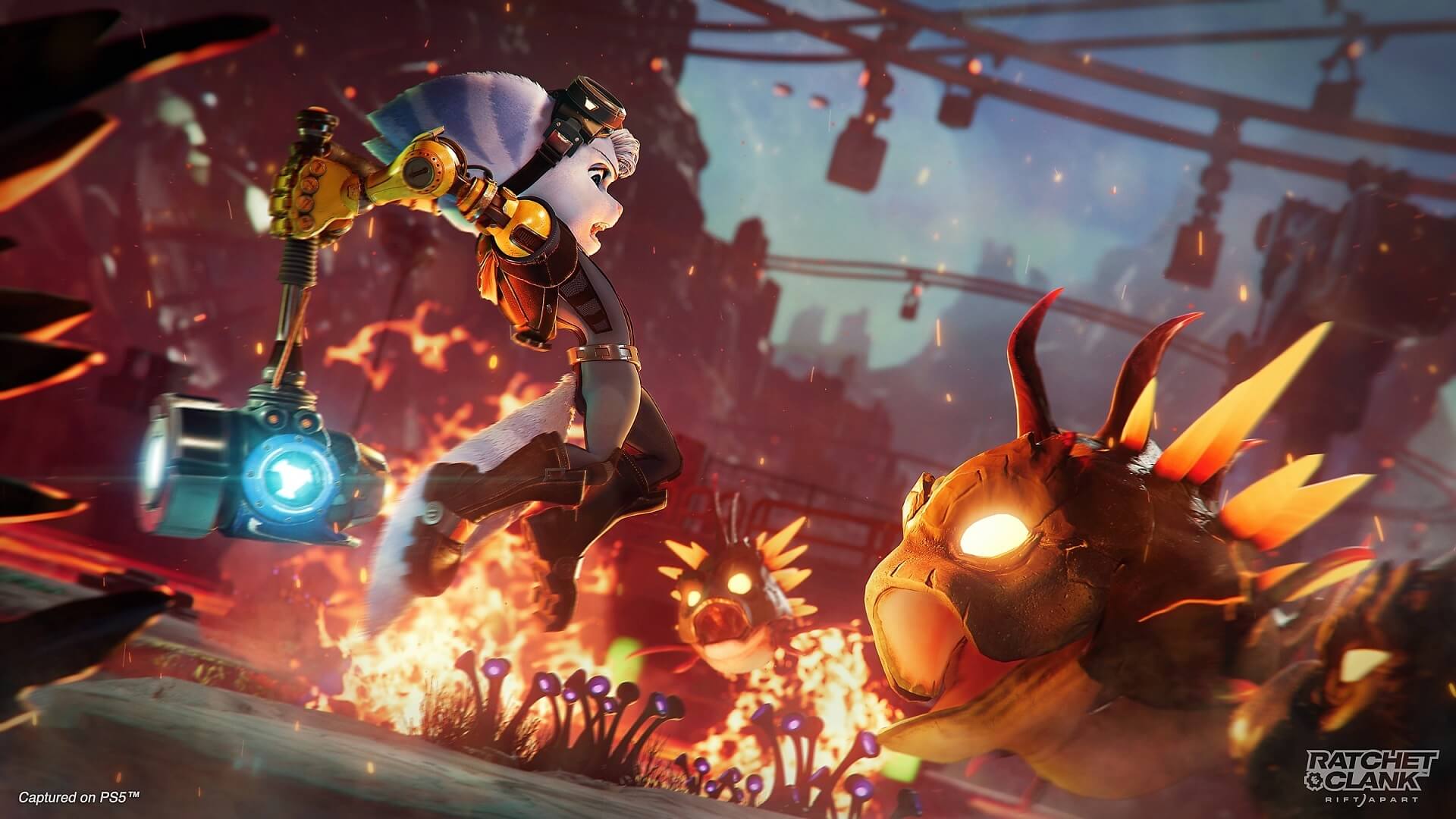 Rivet attacking an enemy in Ratchet and Clank: Rift Apart