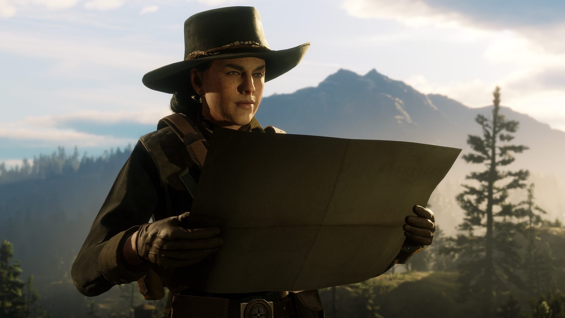 A player character reading a map in Red Dead Online