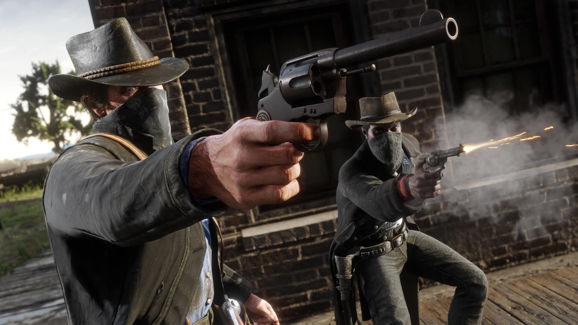 A player aiming a weapon in Red Dead Redemption 2
