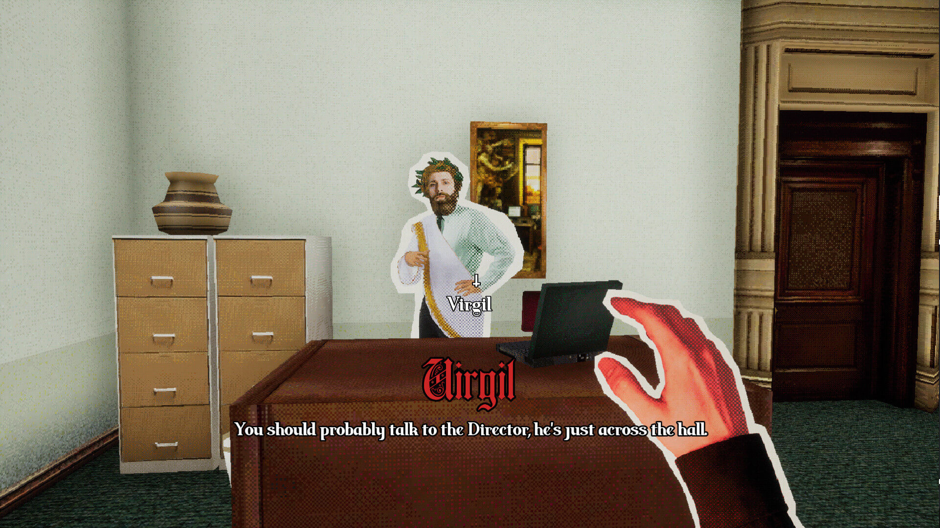 Virgil recommending that you talk to the Director in Red Tape, a bureaucratic horror game from DreadXP