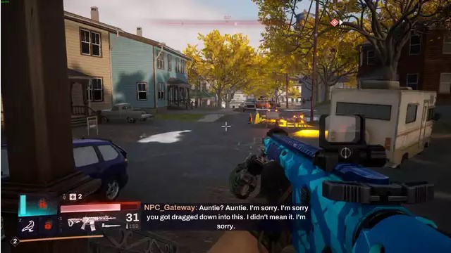 Early gameplay of a character with a gun going through a neighborhood