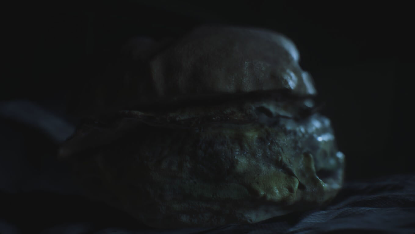 A screenshot of a photo-realistic burger from the Resident Evil 2 Remake