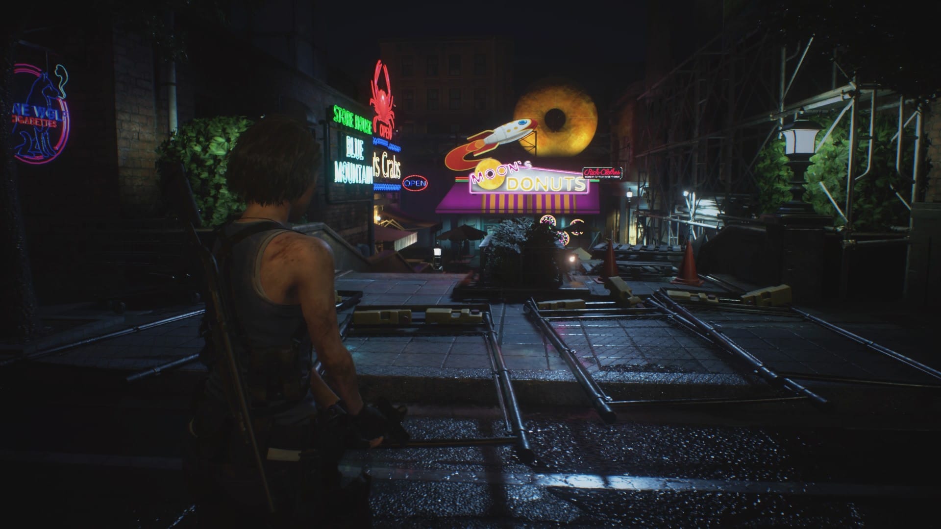 A neon-lit mall in Resident Evil 3