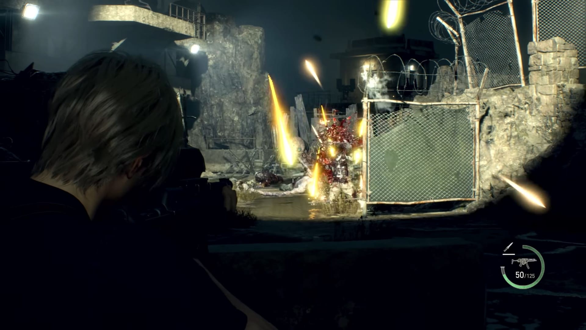 Leon aims a rifle at enemies in Resident Evil 4 Remake 