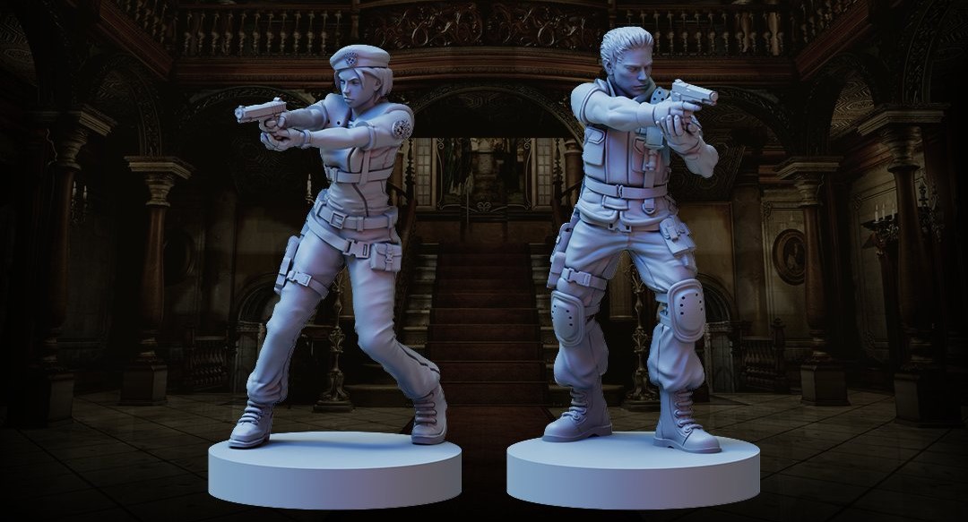 Jill and Chris as miniatures in the Resident Evil board game