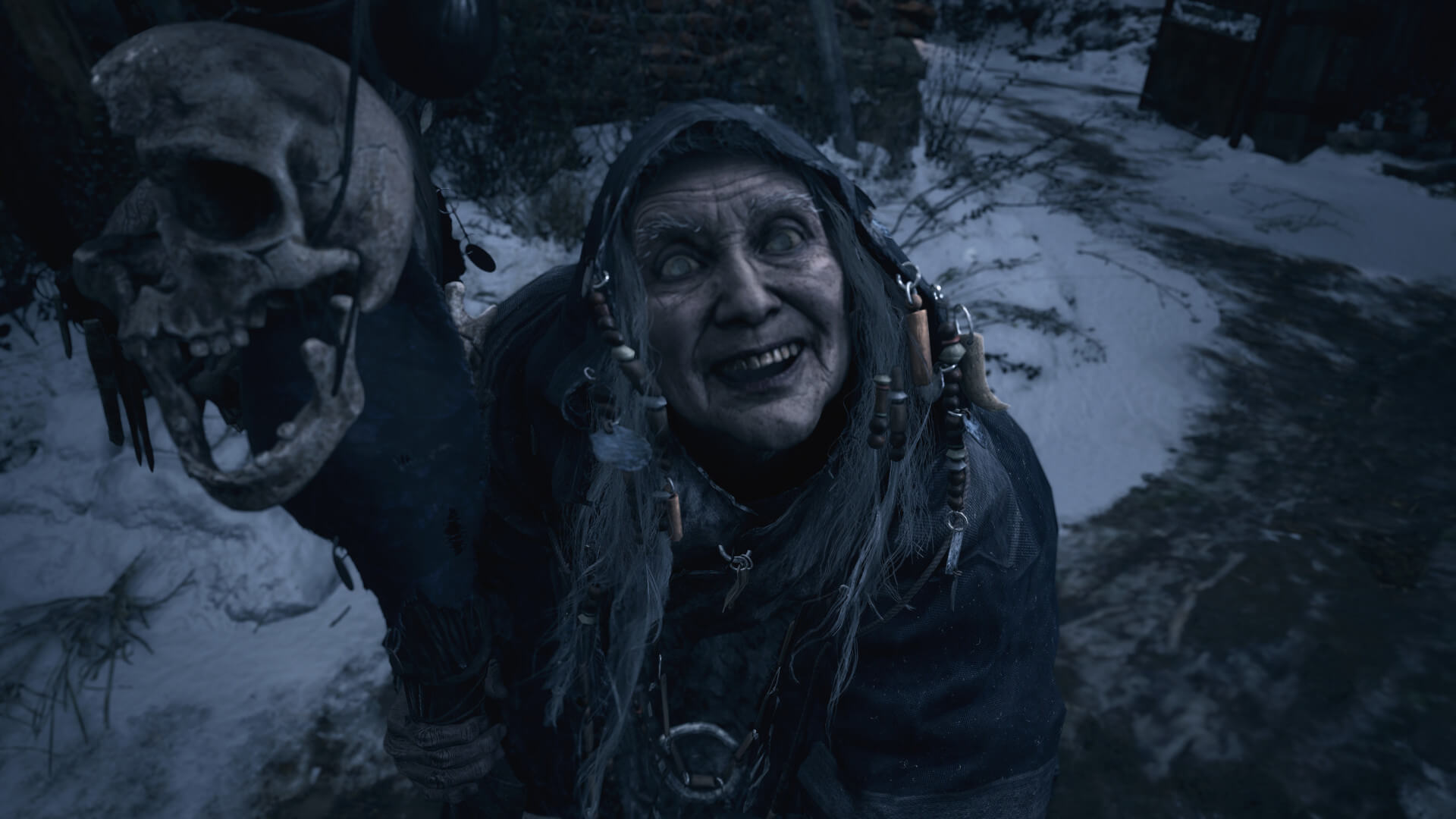 The old lady in Resident Evil Village holding up a skull and grinning