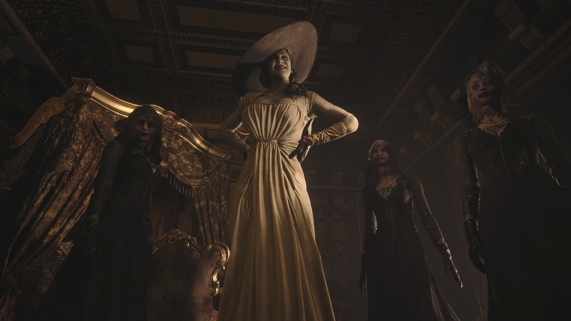 Lady Dimitrescu and her vampire daughters in Resident Evil Village