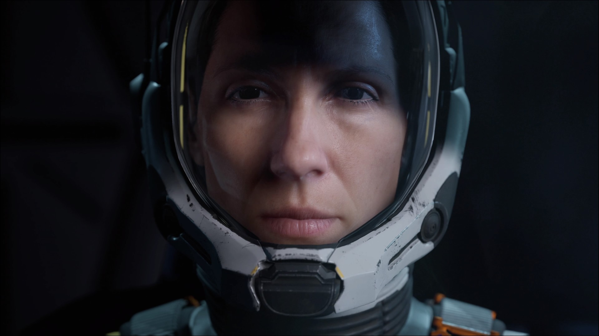A full profile picture of Selene's face in her space suit