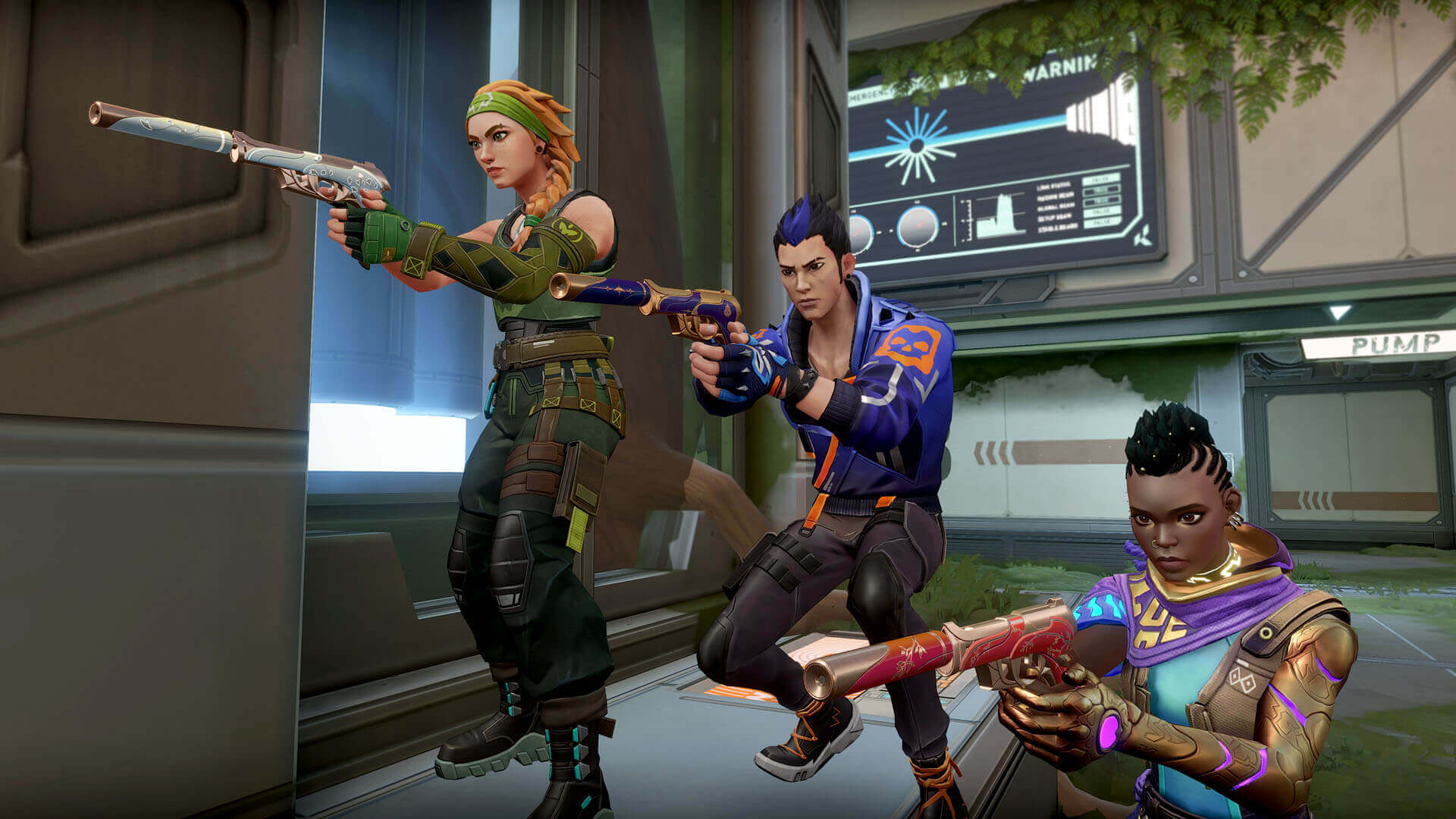 Three characters aiming pistols off-camera in Riot Games' Valorant
