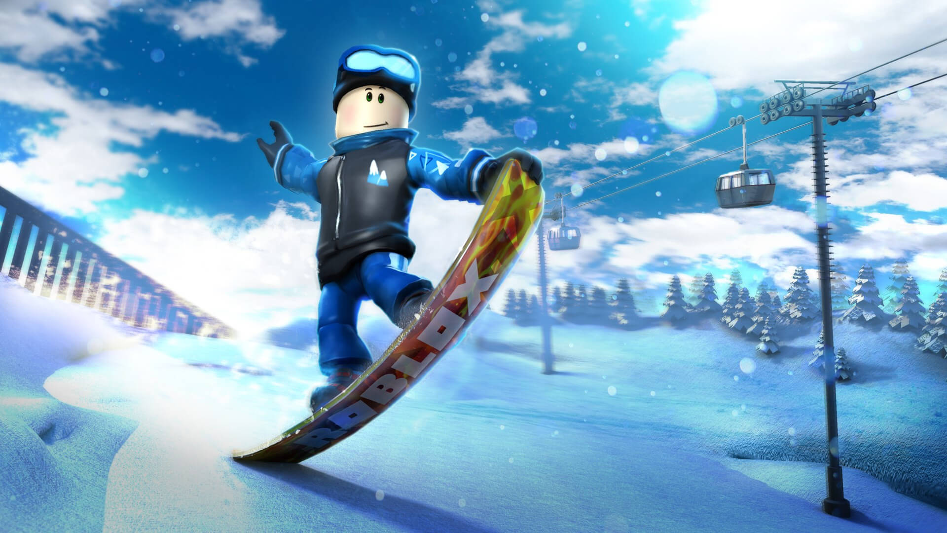 A snowboarding avatar in Roblox