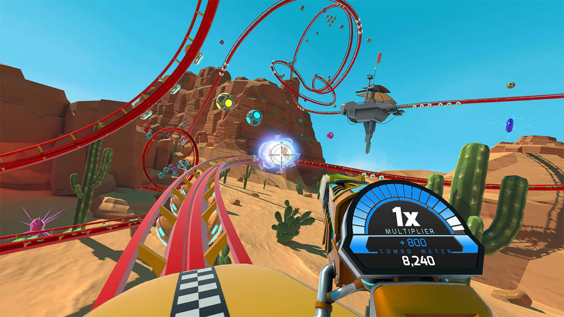 The player riding a twisting coaster in Rollercoaster Tycoon Joyride